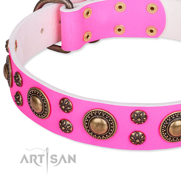 Natural genuine leather dog collar with fashionable adornments