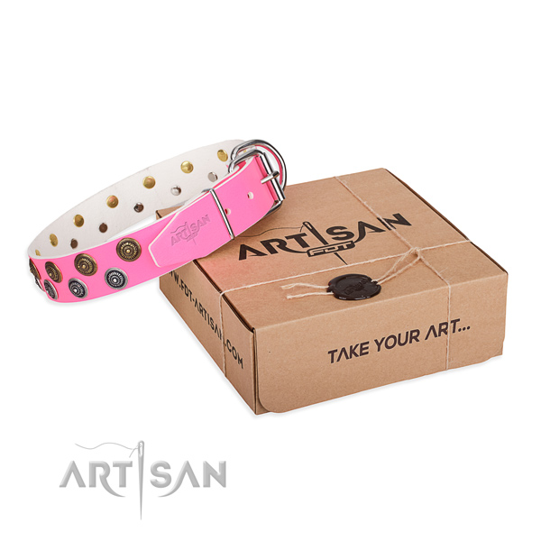 Decorated genuine leather dog collar for everyday use