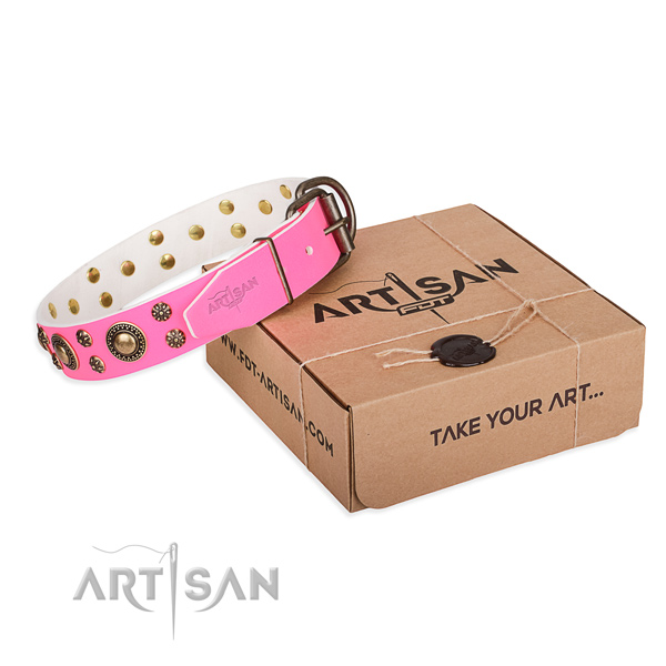 Full grain genuine leather dog collar with decorations for handy use