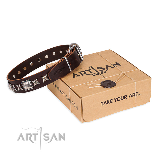 Embellished natural genuine leather dog collar for daily use