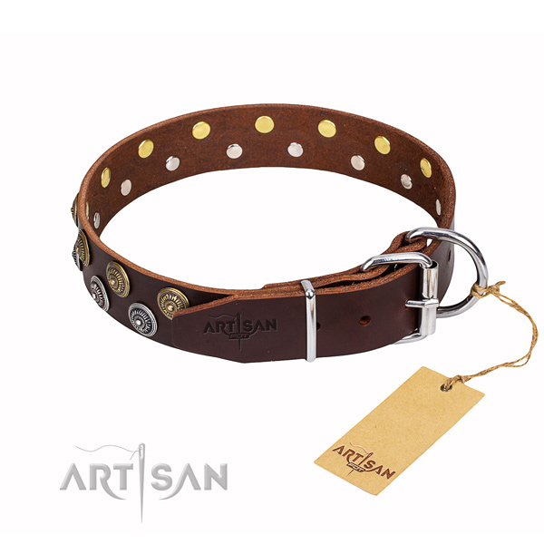 Daily walking full grain leather collar with decorations for your doggie