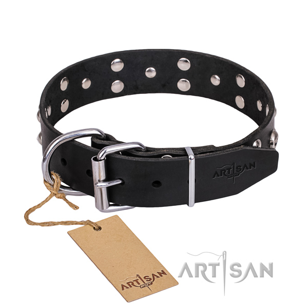 Hardwearing leather dog collar with brass plated details
