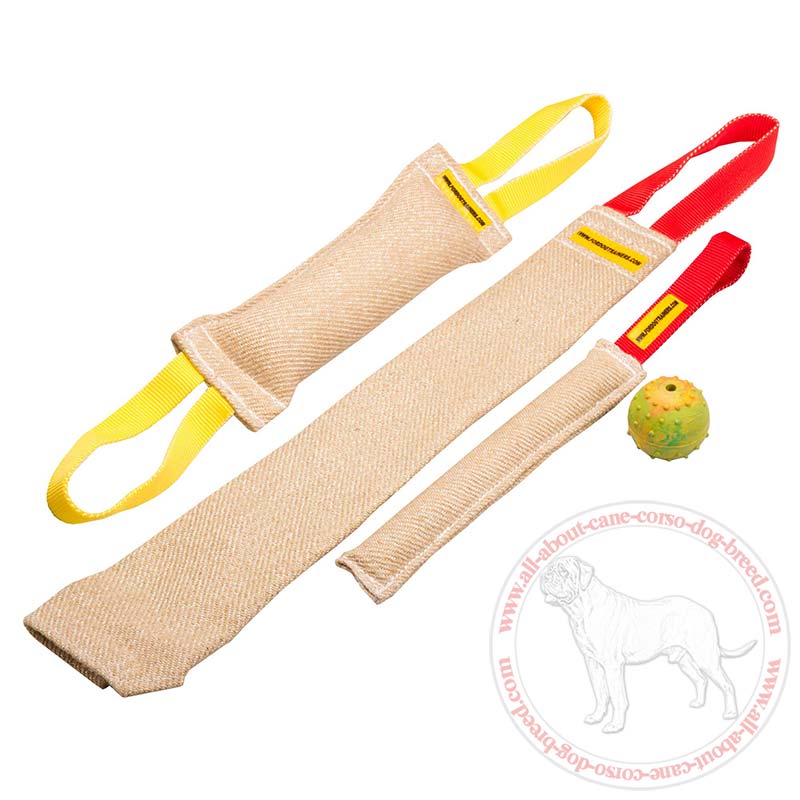 Small Set of Jute Bite Training Tugs with Handles for Cane Corso - Plus Rubber Ball as Extra Bonus