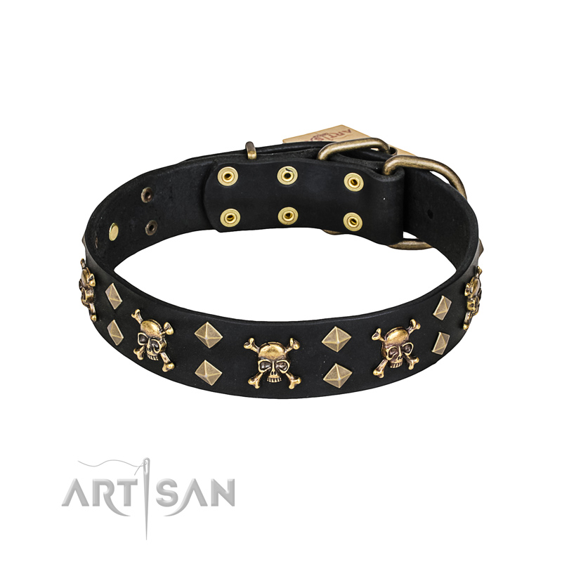 'Jolly Rojer' FDT Artisan Cane Corso Leather Dog Collar with Pirate Skulls and Studs - 1 1/2 inch (40 mm) wide