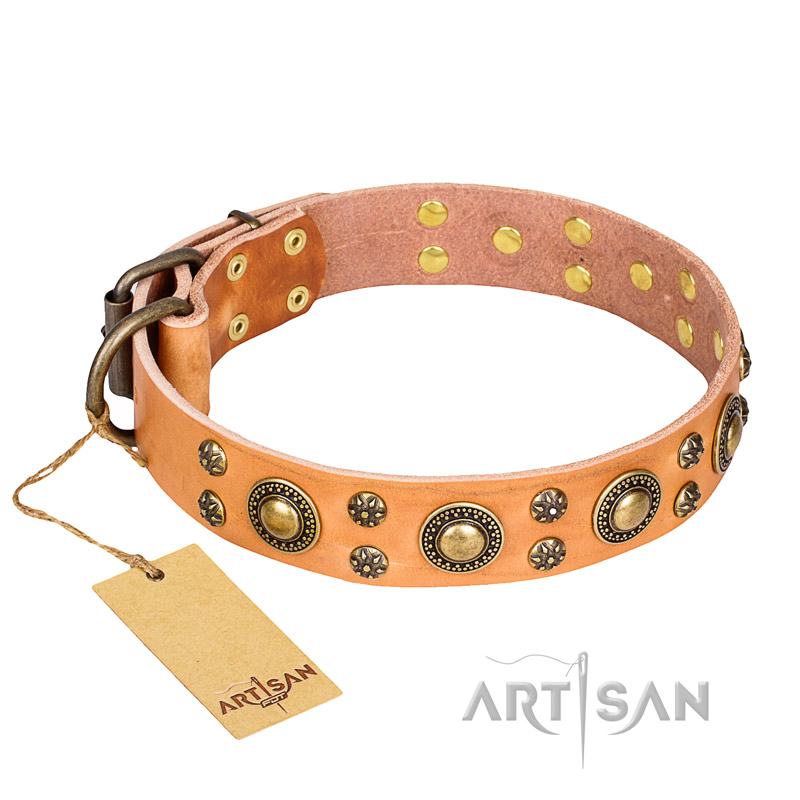 'Sophisticated Glamour' FDT Artisan Tan Leather Cane Corso Collar with Fancy Old-bronze Plated Decorations - Click Image to Close