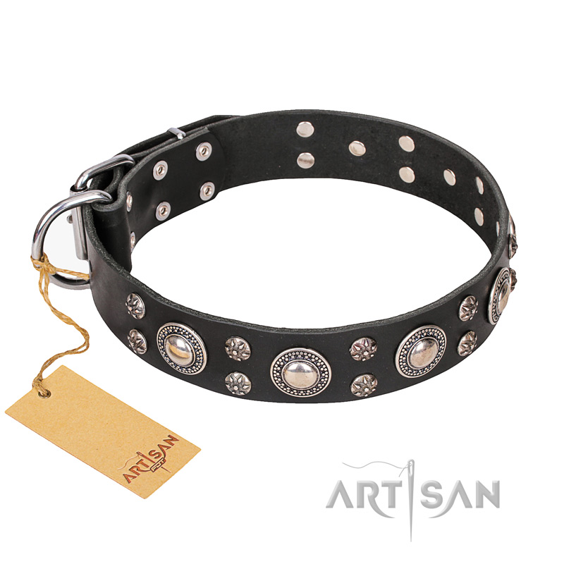FDT Artisan 'Vintage Necklace' Decorated Black Leather Dog Collar - 1 1/2 inch (40mm) wide