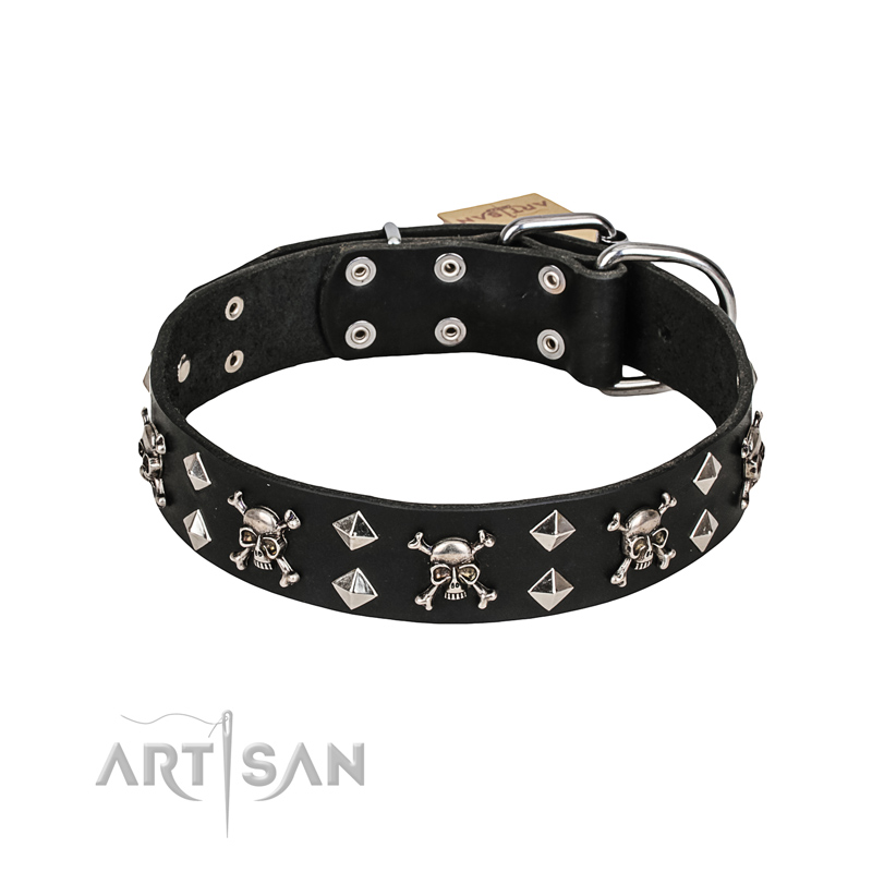 FDT Artisan 'Rock 'n' Roll Style' Leather Cane Corso Collar with Skulls, Bones and Studs 1 1/2 inch (40 mm) wide