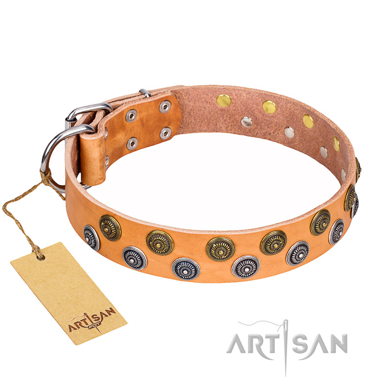 "Precious Sparkle" FDT Artisan Tan Leather Cane Corso Collar with Vintage Decorations