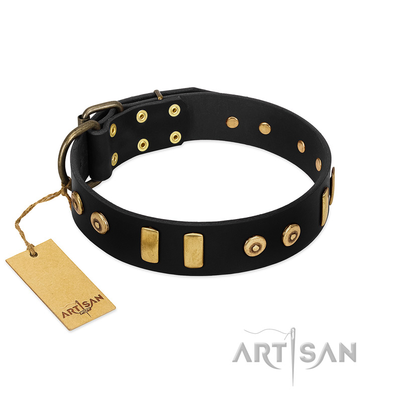 "Rare Dog" FDT Artisan Black Leather Cane Corso Collar with Old Bronze-like Dotted Studs and Tiles