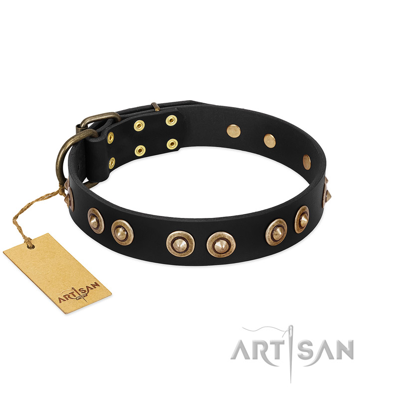 "Golden Artifact" FDT Artisan Black Leather Cane Corso Collar with Old-bronze Covered Medallions