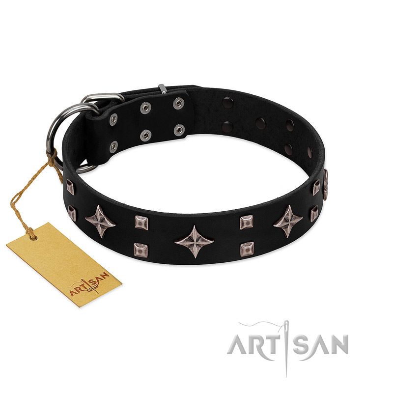 "Snappy Dresser" FDT Artisan Black Leather Cane Corso Collar Adorned with Stars and Tiny Squares - Click Image to Close