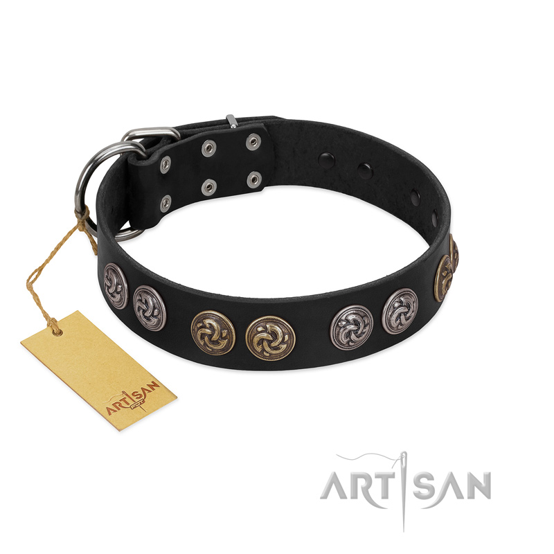 "Mister Exclusive" Designer FDT Artisan Black Leather Cane Corso Collar with Medallions