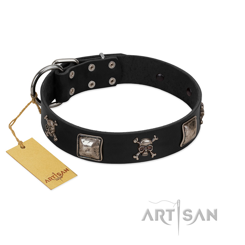 "Sea Rover" Embellished FDT Artisan Black Leather Cane Corso Collar with Chrome Plated Crossbones and Plates