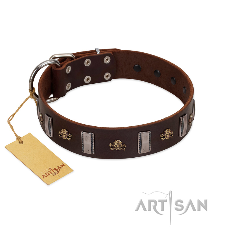 "War Chief" FDT Artisan Genuine Brown Leather Cane Corso Collar with Skulls and Plates