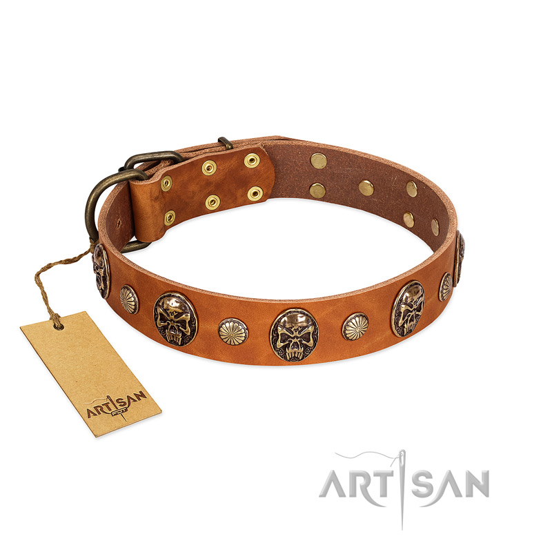 "Call of Feat" FDT Artisan Tan Leather Cane Corso Collar with Old Bronze-like Studs and Oval Brooches