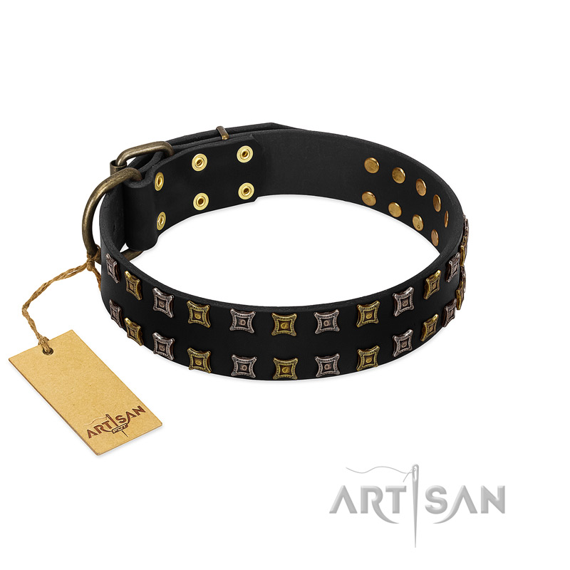 "Refined Pattern" FDT Artisan Black Leather Cane Corso Collar with Two Rows of Stunning Decorations