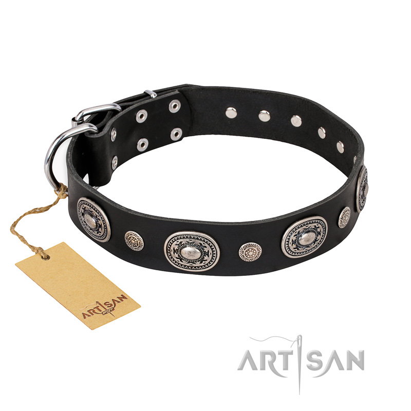 "Black Tie" FDT Artisan Leather Cane Corso Collar with Old Silver-like Decorations