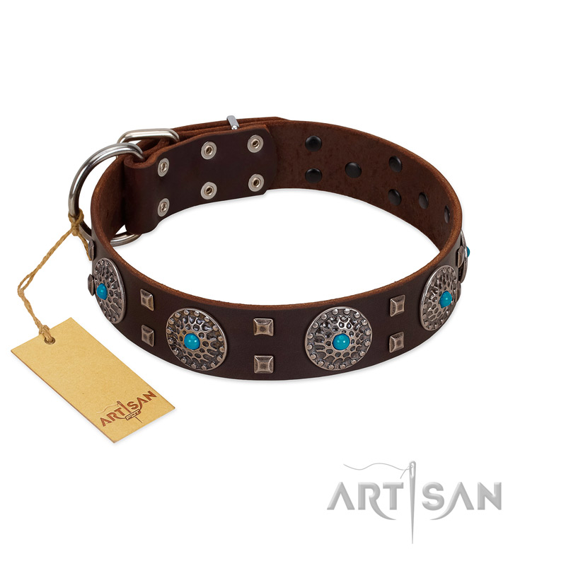 "Hypnotic Stones" FDT Artisan Brown Leather Cane Corso Collar with Chrome Plated Brooches and Square Studs