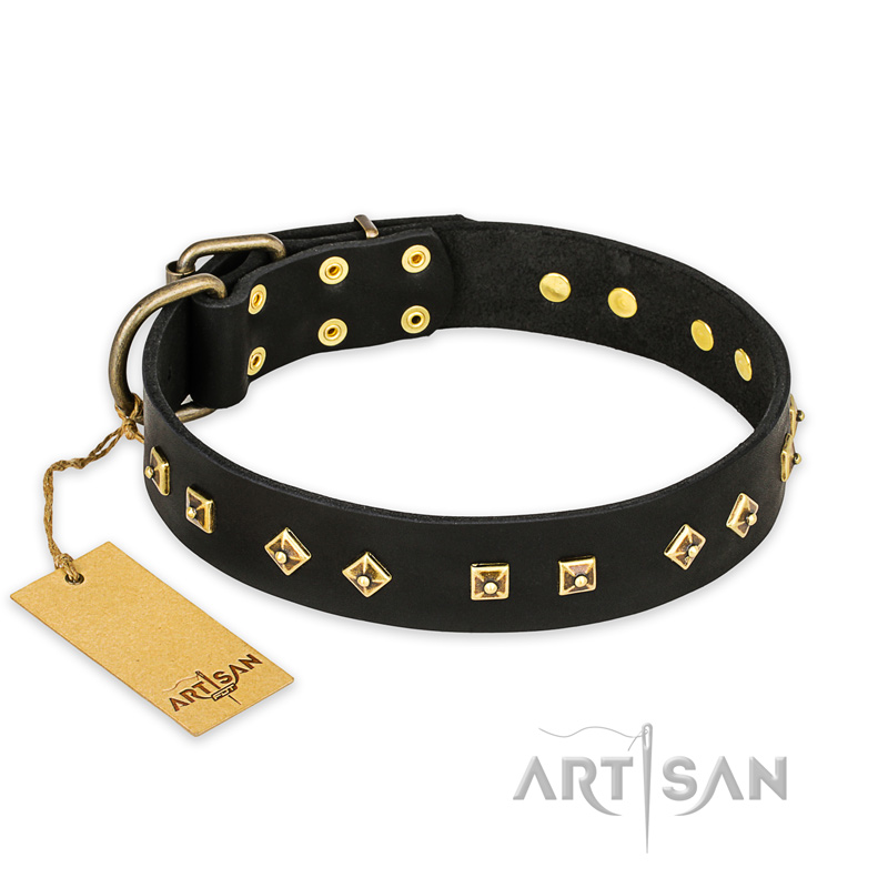 "Rhomb Style" FDT Artisan Decorated Leather Cane Corso Collar with Old Bronze-Plated Studs 1 1/2 inch (40 mm) Wide