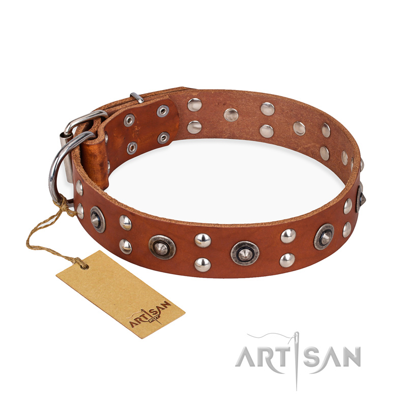 "Silver Elegance" FDT Artisan Decorated Leather Cane Corso Collar with Old Silver-Like Plated Studs and Cones - Click Image to Close