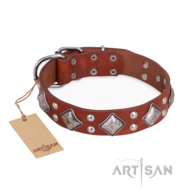 "Magic Squares" FDT Artisan Tan Leather Cane Corso Collar with Silver-like Decor