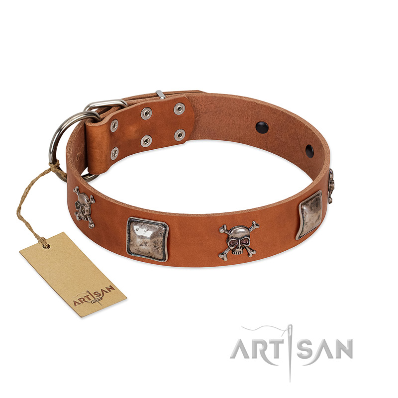 "Amorous Escapade" Embellished FDT Artisan Tan Leather Cane Corso Collar with Chrome Plated Crossbones and Plates - Click Image to Close