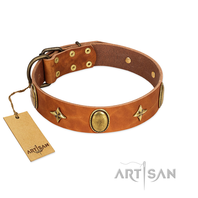 "Space Warrior" FDT Artisan Tan Leather Cane Corso Collar with Ovals and Stars