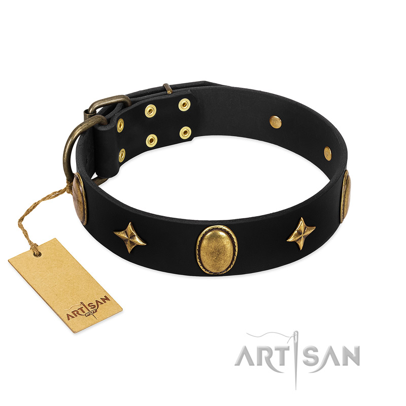 "Star Powder" FDT Artisan Black Leather Cane Corso Collar with Ovals and Stars - 1 1/2 inch Wide