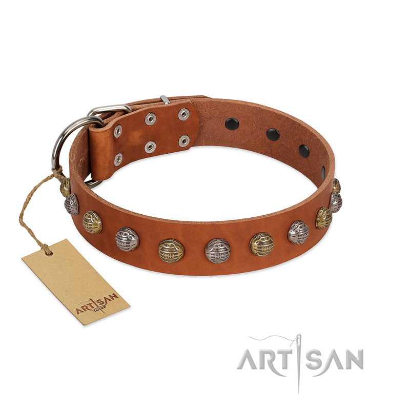 "Dogue-Vogue" FDT Artisan Tan Leather Cane Corso Collar with Engraved Chrome-plated Studs