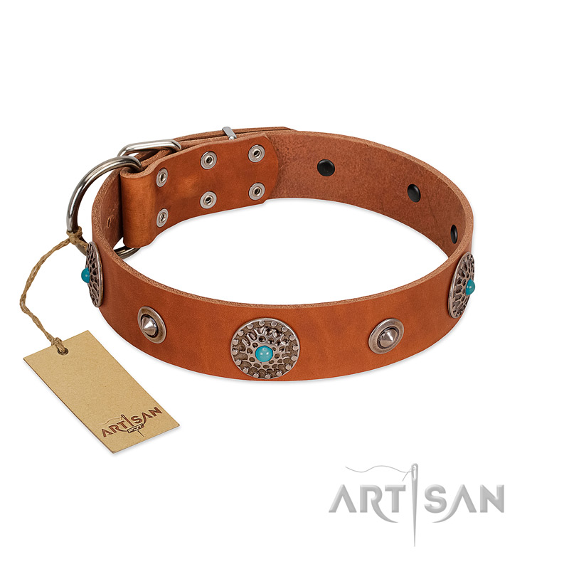 "Marine Antiques" Handmade FDT Artisan Tan Leather Cane Corso Collar with Blue Stones