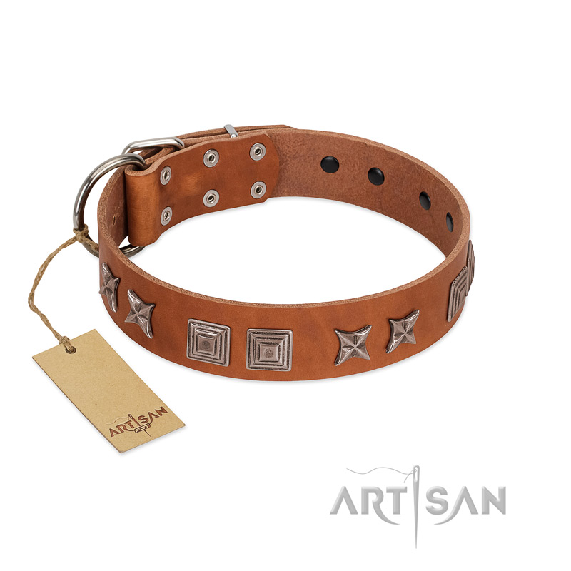 "Antique Figures" FDT Artisan Tan Leather Cane Corso Collar with Silver-like Engraved Plates