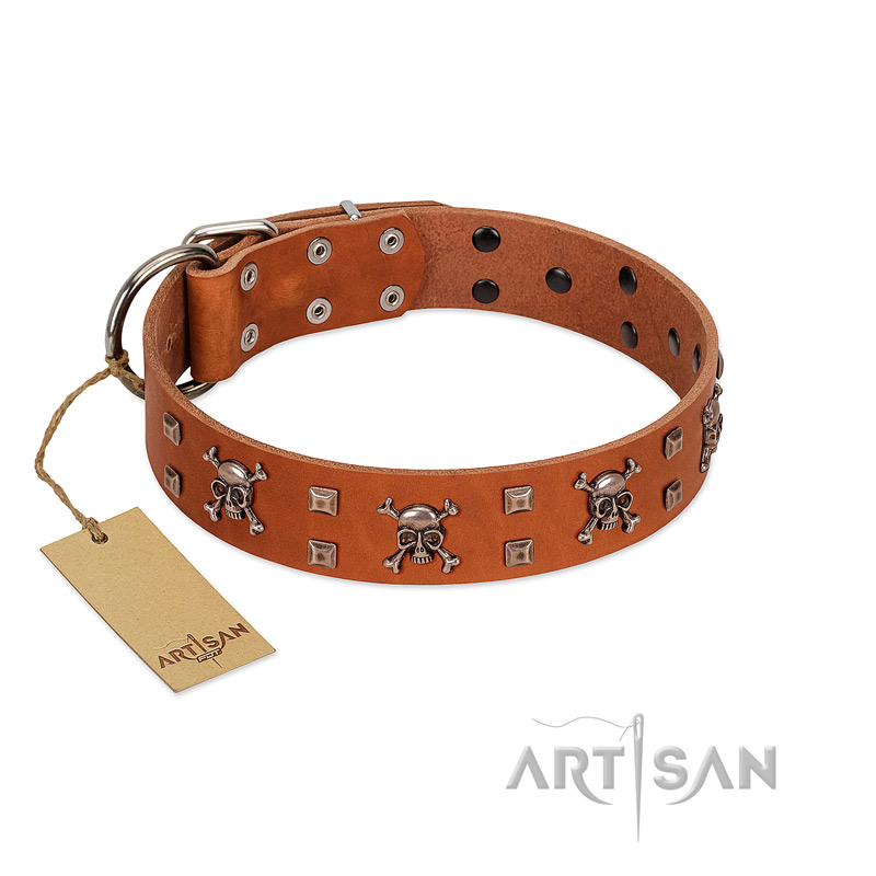 "Rebellious Nature" FDT Artisan Tan Leather Cane Corso Collar Embellished with Crossbones and Square Studs