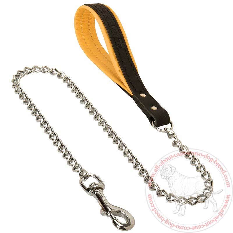 Quality Dog Leash with Leather Handle and Herm Sprenger Chain and Snap Hook - Click Image to Close
